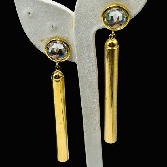 Dramatic 1980’s Shoulder Duster Cylinder Faceted Glass Pierced Earrings - Picture 1 of 7
